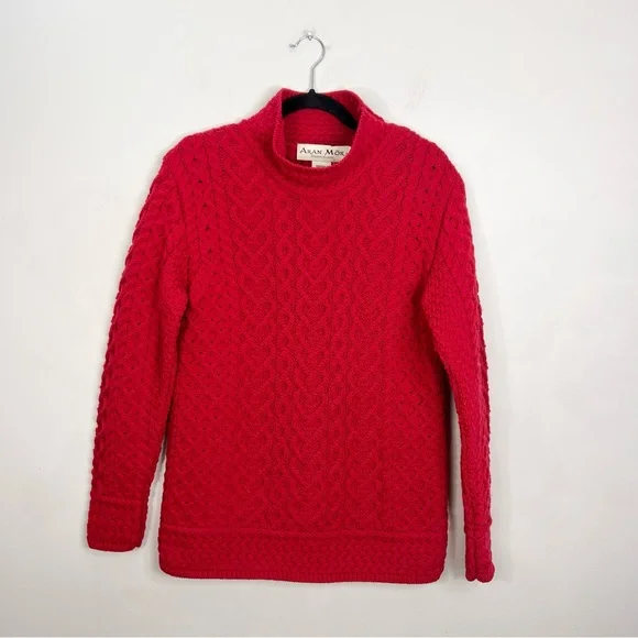 NWT Aran Mor Ireland pure merino wool ruby red high neck sweater L - Picture 3 of 17